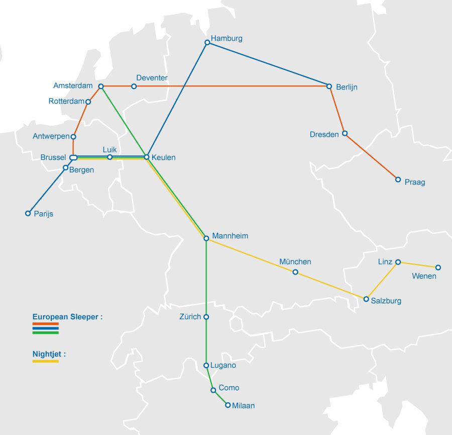 Trajectkaart nachttreinen vanuit België